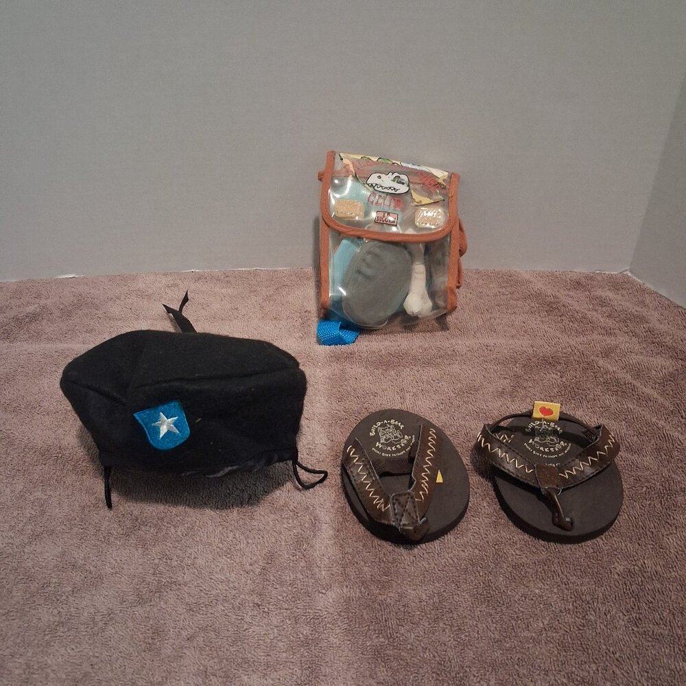 Build-a-Bear Lot Dark Brown Sandals, Paleontogist Club Backpack, & Military Hat